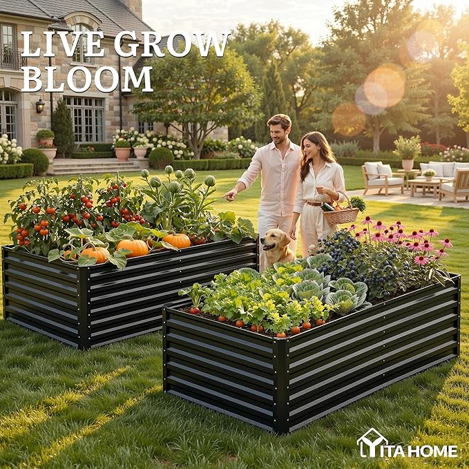 YITAHOME 6pcs 6x3x2 ft Galvanized Raised Garden Bed Kit, Large Metal Planter Box with Gloves & Support Rod, Outdoor Flower Bed for Plants Vegetables, Black