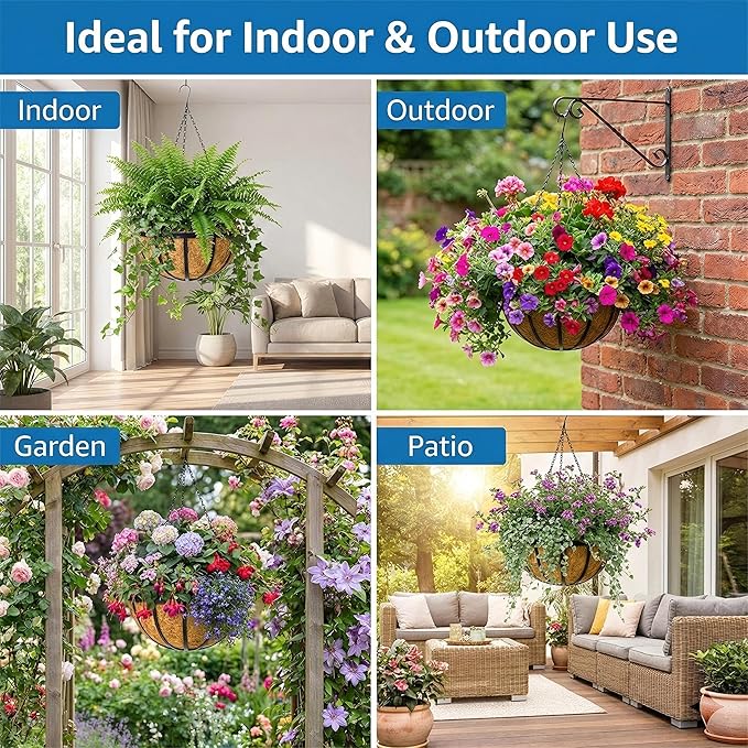 14 Inch Metal Hanging Planter Basket with Coconut Fiber Liner Hanging Plant Flower Pot for Home Garden Patio Decoration,Metal Flat Iron Pattern, 4 Pack