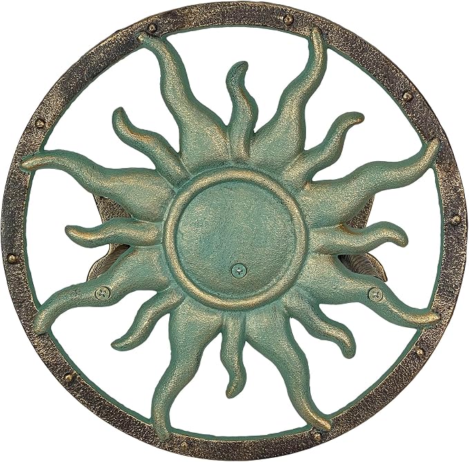Zeckos Decorative Sun Cast Iron Hose Holder Verdigris & Bronze Finish, 11.5 in Heavy Duty Wall Mount Hose Reel, Outdoor Garden Storage Rack for Patio, Lawn, Yard, Weather Resistant, Hardware Included