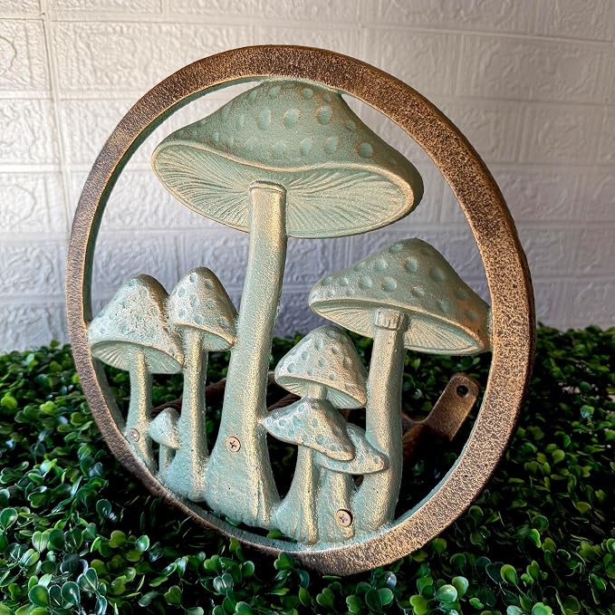 Zeckos 11.75 Inch Cast Iron Mushroom Garden Hose Holder, Verdigris and Bronze Outdoor Hose Hanger with Matching Hardware for Porch, Patio, Fence or Yard Wall Decor and Garden Hose Storage