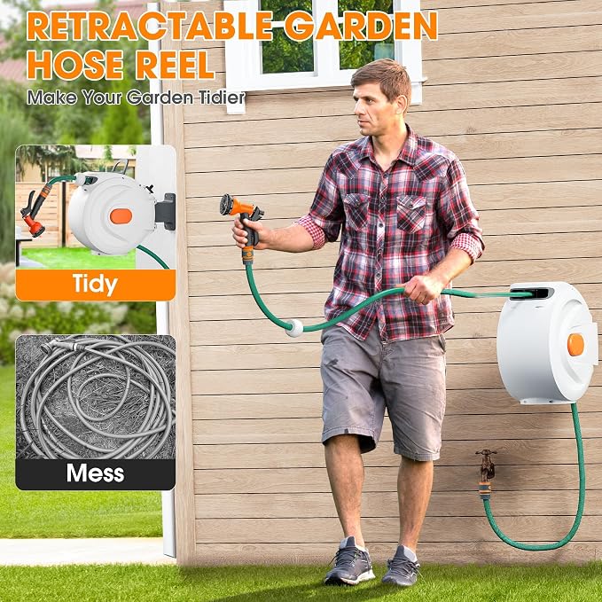 Retractable Garden Hose Reel - 1/2 inch x 100ft Wall Mounted Hose Reel with 3/4 inch Brass Fitting & 8 Function Sprayer Nozzle - Any Length Lock, Auto Rewind System, 180°Swivel Bracket
