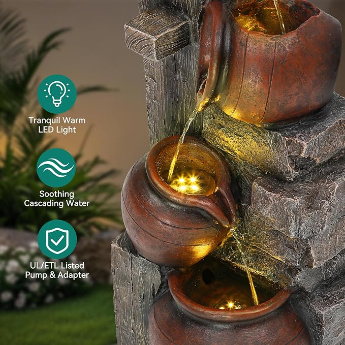 AUTODAYA 31.5" H Outdoor Water Fountain with LED Lights and Pump, Cascading Pitchers Farmhouse Garden Fountain Waterfall for Patio, Porch, or Yard
