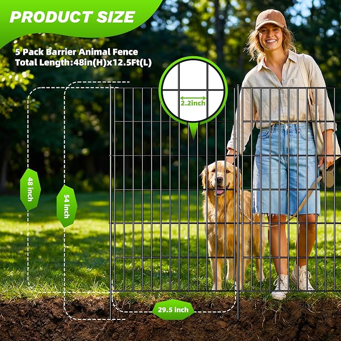 Toolterritary 5 Panels No Dig Decorative Garden Fence, 48in(H) x 12.5ft(L), Dog Fence Outdoor for Yard - Rustproof Metal Animal Barrier Fencing for Patio, Flower Bed, Ideal for Dogs, Rabbits