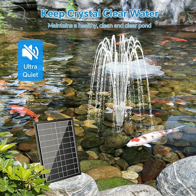 POPOSOAP 8W Solar Pond Filter with Built-in 3000mAh Battery Backup, Solar Fountain Pump for Small Ponds, Pond Filter Keeps Water Clean & Flowing for Bird Bath, Fish Tank, DIY Water Features P3081D