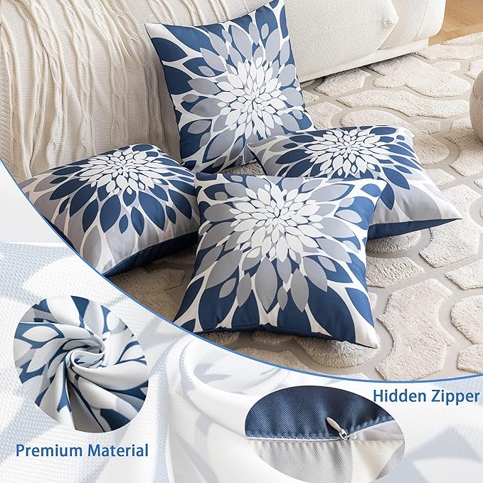 Qahing Pack of 4 Outdoor Waterproof Pillow Covers 20x20 Decorative Outdoor Throw Pillows Garden Square Cases for Patio Furniture, Couch, Tent Sunbrella, Bench, Blue Grey
