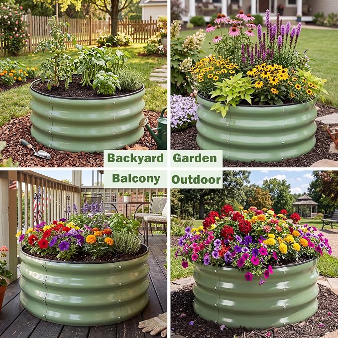 3 PCS Round Raised Garden Bed 2x2x1 ft, Metal Outdoor Planter Box Kit with Safety Rubber Edge, Easy Assemble Bottomless Small Planting Container for Vegetable, Flower, Fruit, Green