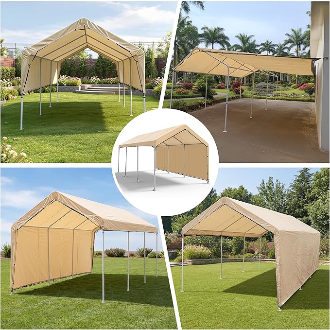 SIHAIAN 10 x 20 Ft Carport Replacement Canopy Cover with Sidewall(No Frame) Easy to Set up Carport Canopy, 500D Heavy-Duty Garage Top Tent Tarp Waterproof and UV Protected (Only Canopy Cover) Beige