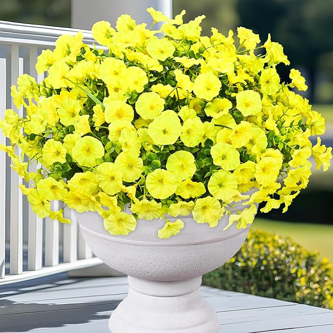 Yastouay Artificial Flowers for Outdoors, 14 Bundles Fake Outdoor Flowers, UV Resistant Artificial Plants & Flowers for Decoration, Yellow Realistic Morning Glory for Outdoor Porch Garden Decoration