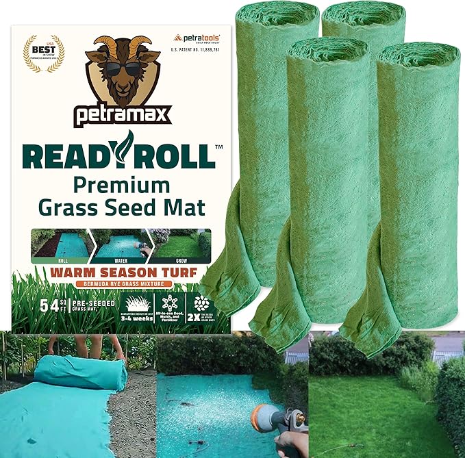 PetraMax Bermuda Grass Seed Rolls for Southern Lawns - Biodegradable Roll Out Grass Seed Mat - Also Perennial Rye & Tall Fescue Blend - Full Sun - Erosion Control - Patch Lawn Repair (216 Sq Ft)