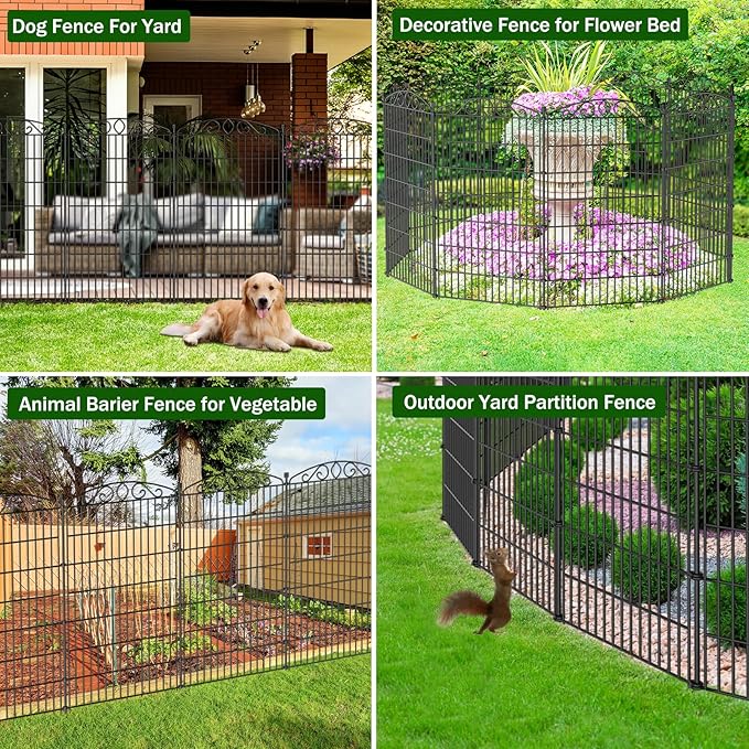 5 Panel No Dig Decorative Garden Fence - 48in H x 11.4 ft L, Tall Animal Barrier for Dogs Rabbits, Rustproof Metal Wire Panels for Yard, Patio, and Outdoor Border Use
