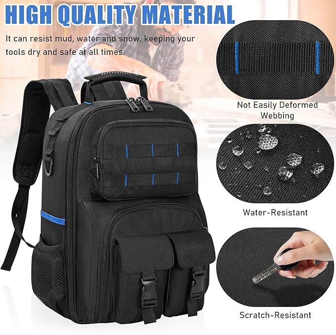 Tool Backpack for Men, Heavy Duty Tool Bag with Removable Tool Organizer, Durable Water-Resistant Work Backpack, Upgrade(Black & Blue)