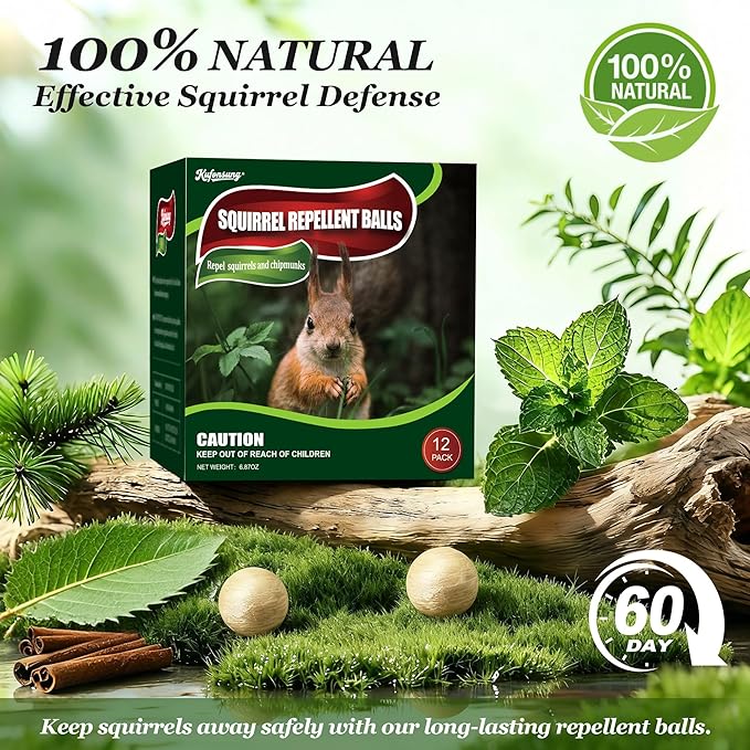 12 Pack Squirrel Repellent Balls- Chipmunks & Rodents Repellent for Outdoor & Indoor Use,Cars,Gardens, Bird Feeders & Attics-Safe for People,Plant-Based