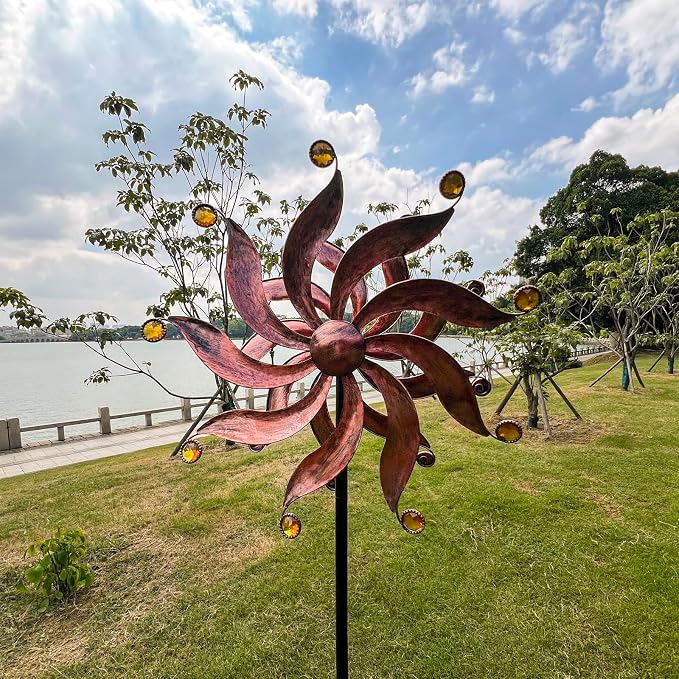 Wind Spinners Outdoor, Willow Leaf Double-Sided 360° Kinetic Wind Spinner with Acrylic Beads and Stake, Metal Garden Yard Decor (13.3" Dia x 54" H)