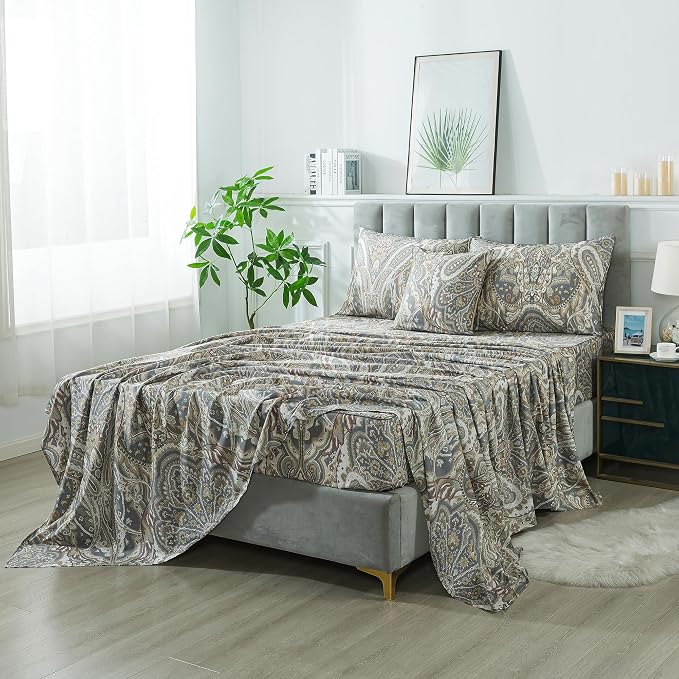 FADFAY Paisley Sheets Set Full Classic Boho Paisley Bedding Luxurious Bohemian Damask Paisley Bed Sheet Set Breathable 100% Egyptian Cotton 800 Thread Count Deep Pocket Fitted Sheet 4Pcs, Full Size