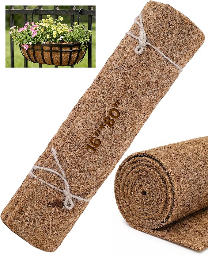Coco Liners for Planters - 16" x 80" Thick Coconut Fiber, Pre-Drained Planter Liner, Reptile Bedding & Garden Mat | 100% Natural & Biodegradable Coconut Coir for Plants
