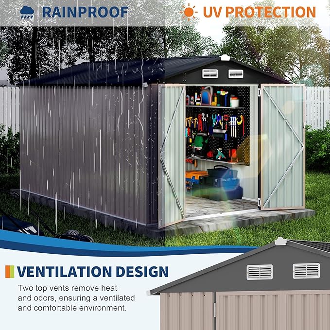 8x12 FT Outdoor Storage Shed, Heavy-Duty Waterproof Metal Tool Storage Shed with Lockable Door, Vents and Sloped Roof for Backyard, Patio
