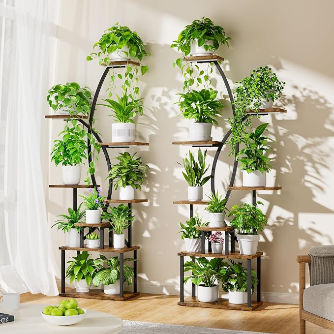 Plant Stand Indoor with Grow Lights - 8 Tiered Tall Plant Shelf, 65" Metal Corner Shelf for Indoor Plants Multiple, Large Curved Half-Moon Flower Holder Stand Display Rack for Patio, Home, 2 Pack