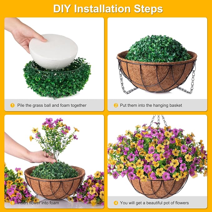 INXUGAO Artificial Silk Spring Flowers Hanging Basket for Outdoor Indoor, Daisy with Eucalyptus Leaves Arrangement for Yard Decor, Faux Green Plant in Metal Coconut Lining Pot(Purple Yellow)