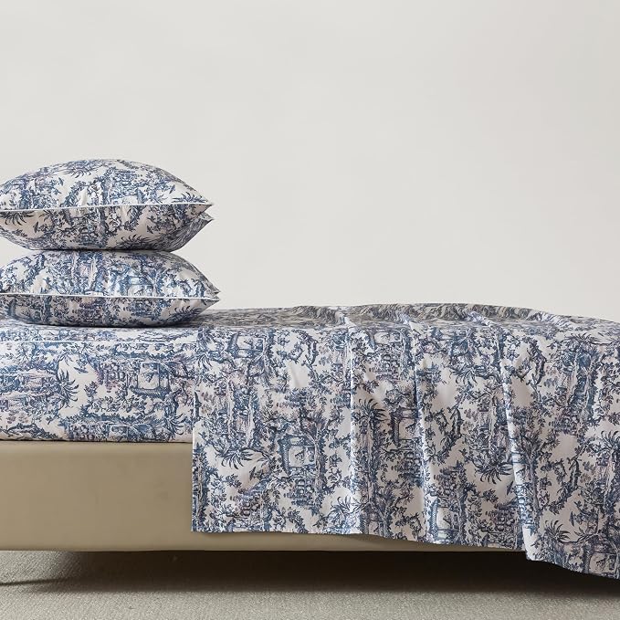 FADFAY Twin XL Blue Toile Sheets Set Dorm Room Essential Bedding 100% Egyptian Cotton Soft Breathable Sheets Classic Blue French Country Vintage Farmhouse Sheet, Extra Long for College Bedding 4Pcs
