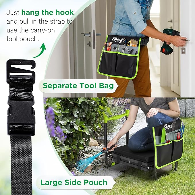 10.8” Wide Garden Kneeler and Seat, Heavy Duty Foldable Gardening Stool with Tool Belt Pouch, Included Thickened Kneeling Pad, Portable Gardening Bench Chair for Seniors & Parents