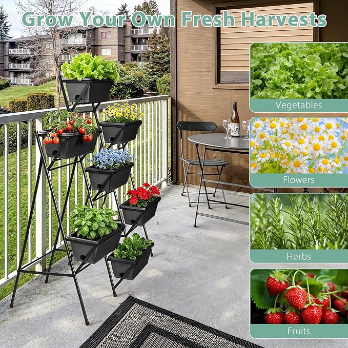 Sunexinlo 5-Tier Vertical Garden Planter with 7 Plant Boxes & Drainage Trays, Metal Freestanding Raised Bed for Herbs Flowers Vegetables, Indoor Outdoor for Patio Balcony Deck, Black