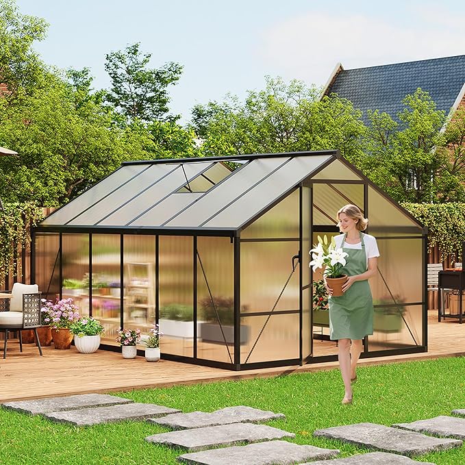 Garvee 8 x 12 ft Greenhouse, Greenhouses for Outside, Polycarbonate Greenhouse with Aluminum Frame, Lockable Door and Ajustable Roof Vent for Backyard, Green Houses for Outside Garden Backyard, Patio