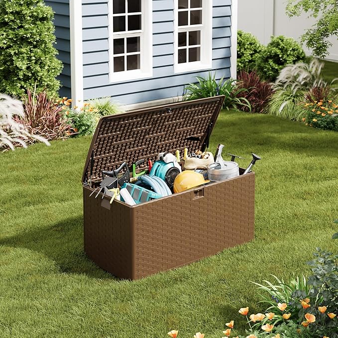 100 gal Outdoor Storage Box with Support Rod, Large Lockable Storage Container for Patio, Waterproof Storage Bin for Garden, Cushions, Tools,Brown