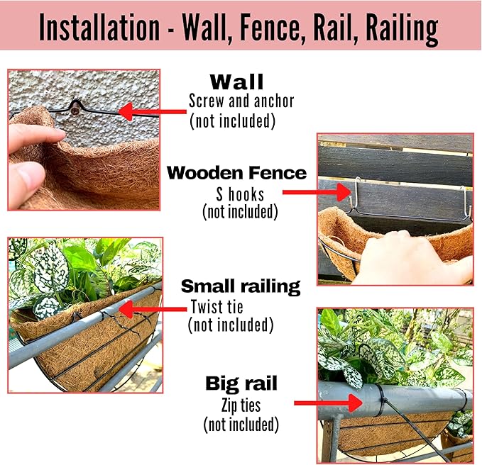 LaLaGreen Wall Planters for Outdoor Plants, 4 Pack, 12 Inch Half Round Plant Holder with Coco Liner, Metal Wire Flower Herb Baskets Window Boxes Outside Fence Railing Pots Deck Porch Balcony Garden