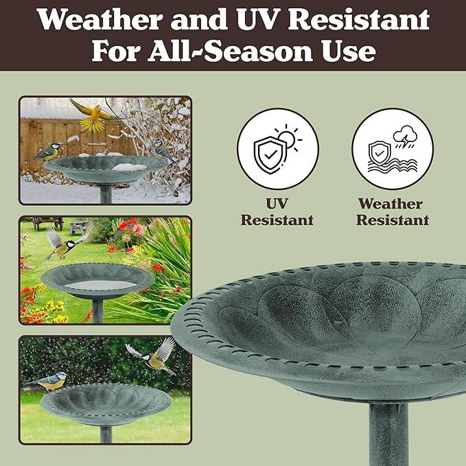 Pure Garden 50-LG1072 Antique Bird Bath-Weather Resistant Resin Birdbath with Vintage Scroll Design, 3 Ground Stakes for Garden,Outdoor Decor (Patina Green)