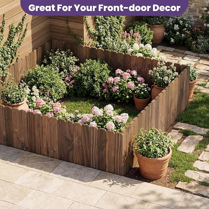 Garden Wooden Fence Edging, Burnt Wood Finish, Fir Wood,Outdoor Lawn Landscape Border (3, 11.8" Height)