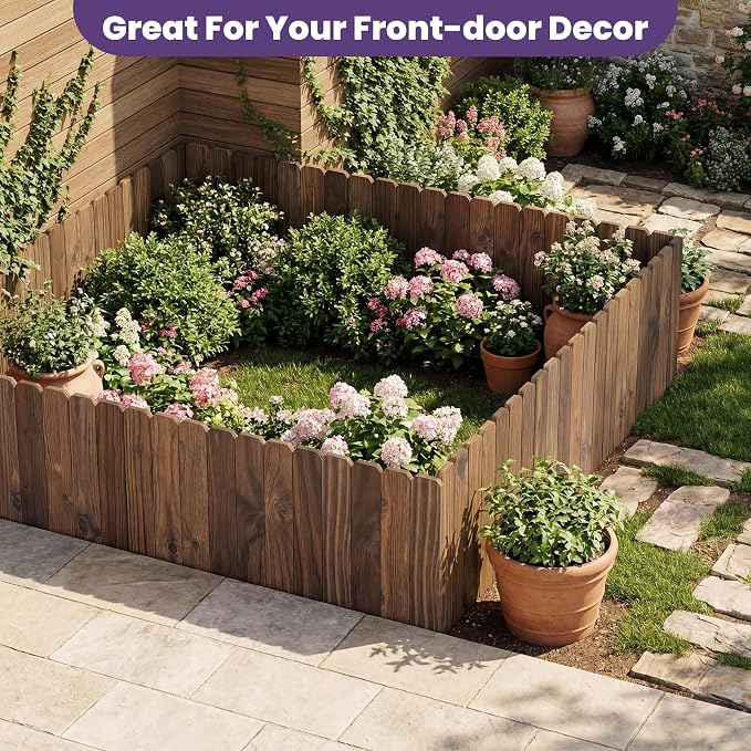 Garden Wooden Fence Edging, Burnt Wood Finish, Fir Wood,Outdoor Lawn Landscape Border (1, 11.8" Height)