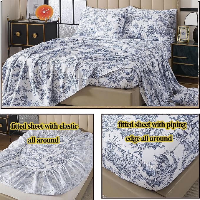 FADFAY Toile Sheet Set Full Classic Blue & White 100% Egyptian Cotton French Country Bedding Toile de Jouy Pastoral Scenic Farmhouse Bedding Deep Pocket Sheets Breathable Soft for All Seasons 4Pcs