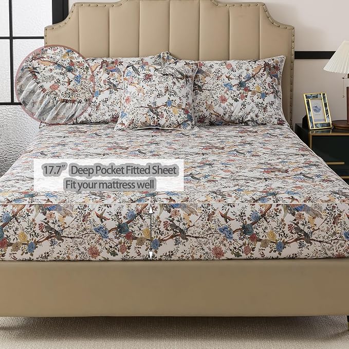FADFAY Sheets Set King Botanical Bird Floral Bed Sheets Set Vintage Mocha Mousse Farmhouse Bedding Shabby Branches Bedding 100% Egyptian Cotton Breathable Soft 17.7" Deep Pocket 4Pcs, King Size