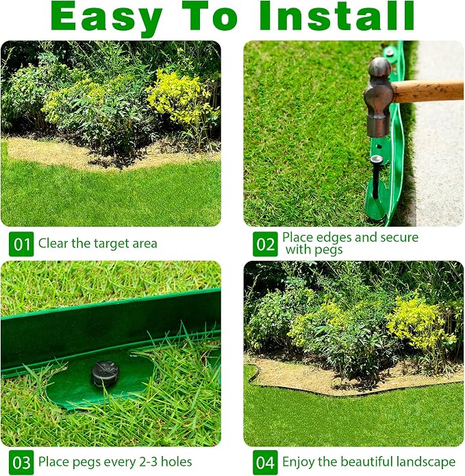 Landscape Edging Border 60 FT 2 Inch Tall with 120 Spikes, Plastic Edging for Landscaping, Garden Edging Border， Flower Bed, Paver and Lawn Edging Border, Green