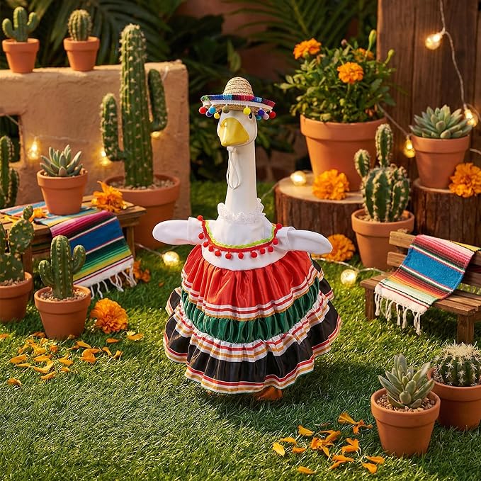 Watayo 2 Pcs/Set Mexican Porch Goose Outfits, Lawn Goose Clothing Costume for Cinco De Mayo, Garden Goose Clothes Striped Dress Mexican Sombrero for 23" High Statue Outdoor Patio Yard Decor (A Style)