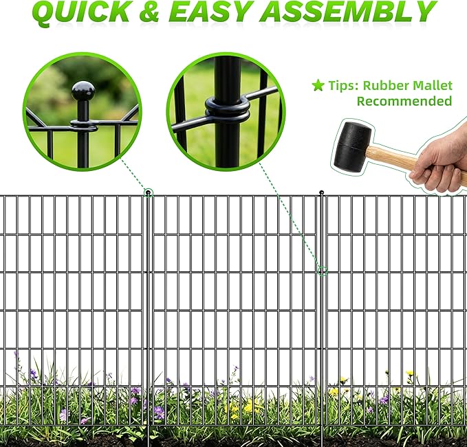 Toolterritary 10 Panels No Dig Decorative Garden Fence, 48in(H) x 25ft(L), Dog Fence Outdoor for Yard - Rustproof Metal Animal Barrier Fencing for Patio, Flower Bed, Ideal for Dogs, Rabbits