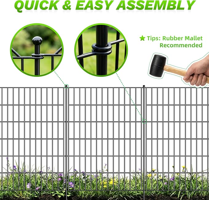 Toolterritary 10 Panels No Dig Decorative Garden Fence, 40in(H) x 25ft(L), Dog Fence Outdoor for Yard - Rustproof Metal Animal Barrier Fencing for Patio, Flower Bed, Ideal for Dogs, Rabbits