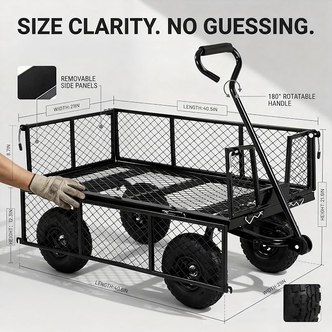 Finnhomy Heavy Duty 1000 Lbs Capacity Mesh Steel Garden Cart, Pullable Garden Wagons Carts on Wheels, Folding Utility Wagon with Removable Sides for Outdoor, Yard, Lawn, Black