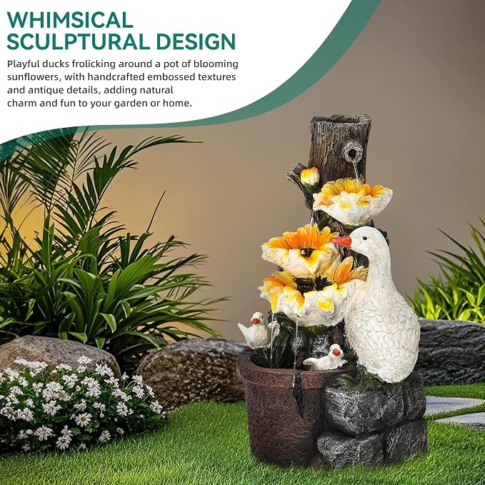 AUTODAYA 19" Water Fountain Indoor Outdoor, 4-Tier Sunflower & Duck Design with LED Lights and Cascading Waterfalls, Rustic Decor for Garden, Yard, Patio, Flowerbed & Farmhouse