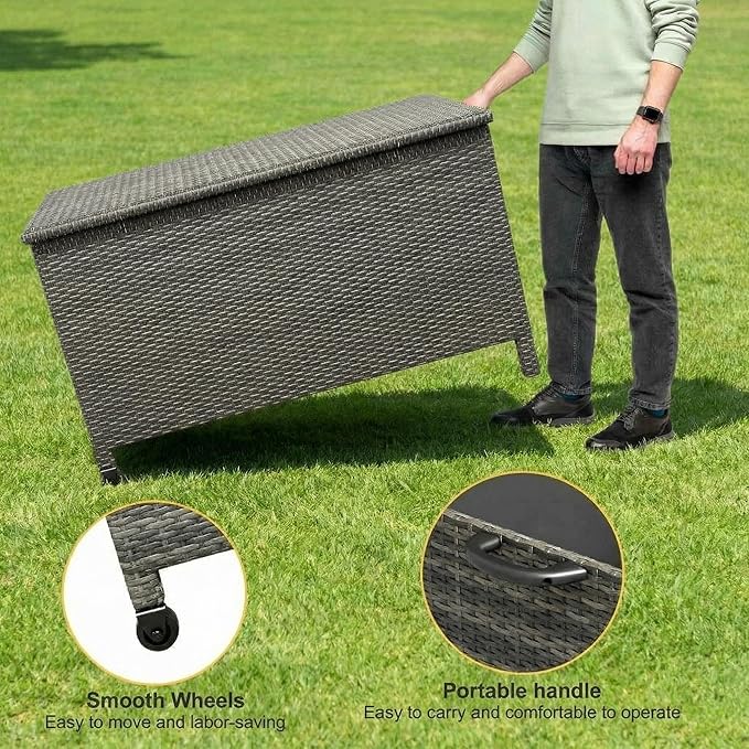 GarveeHome 185 Gallon Wicker Deck Box, All-Weather Outdoor Storage Bin with Rattan Finish, Large Capacity for Patio Furniture, Cushions, Pool Supplies & Garden Tools
