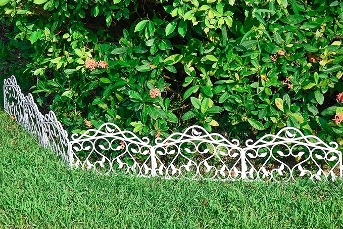 Evelyne Decorative Garden Border Plastic Edging – PP Plastic, Short Metal-Free Faux Wrought Iron Leaf & Bird Design, 16pcs Yard Landscaping Fence Liner Lawn Edge Barrier, 20ft Kit of Decorative Panels