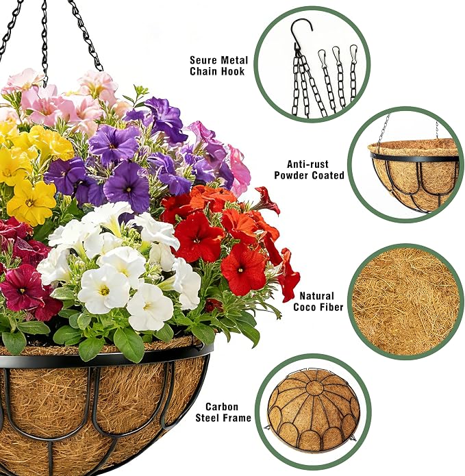 4 Pack 12 Inch Hanging Planters for Outdoor Plants, Large Metal Wire Hanging Flower Baskets with Coco Coir Liner, Black Hanging Plant Pots for Garden, Patio, Balcony & Indoor Home Decor