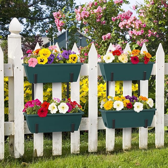Deck Railing Planter Boxes 2 Tier Green Outdoor Hanging Planters Set of 2 with 4 Pack Flower Boxes 16.9 Inch Window Boxes Planters with Adjustable Brackets Balcony Planters for Garden Porch Patio