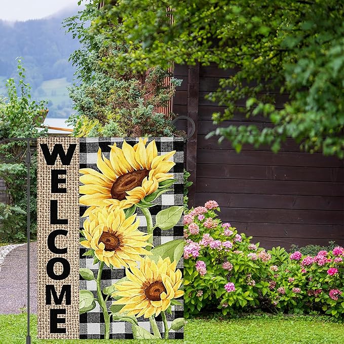 Summer Sunflower Garden Flag 12x18 inch Double Sided Welcome Burlap House Flag, Small Outdoor Yard Flag for Garden Porch Farmhouse Decor