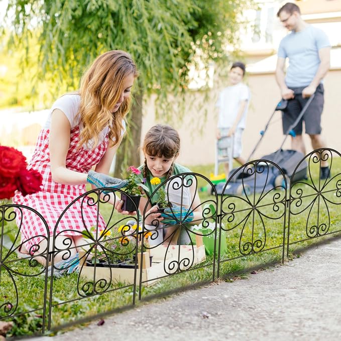 ShopLaLa Decorative Garden Fence Animal Barrier (10 Panels) 12in(L) x 24in(H) Rustproof Decorative Black Metal Wire Fencing Flower Bed Edging for Landscape, Small Dog Fences Patio Yard Outdoor Decor
