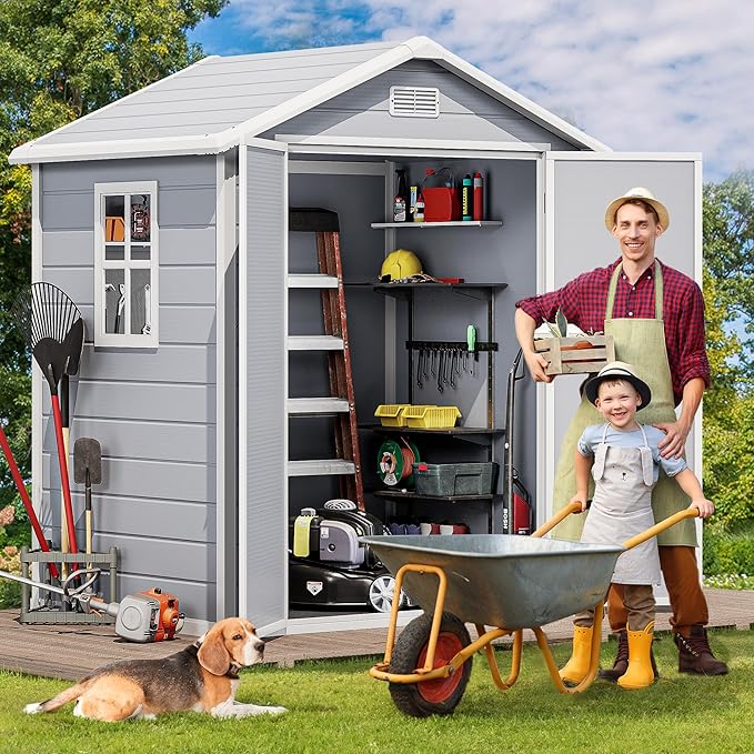 DWVO 6x4.4 FT Outdoor Resin Storage Shed with Reinforced Floor, All-Weather Bike Storage Shed with Lockable Door, Window and Vent, Waterproof Plastic Tool Storage for Garden, Backyard, Patio, Lawn