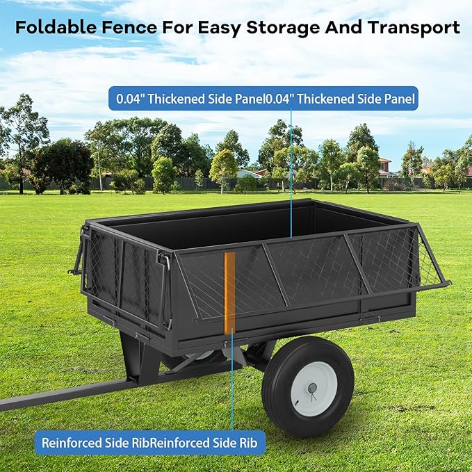 Heavy Duty 750LB Capacity Steel Dump Cart Trailer for ATV, 17 Cu.Ft Utility Garden Wagon, 2 Wheels, Durable Tow-Behind for UTV, Lawn Mower, Tractor, Landscaping