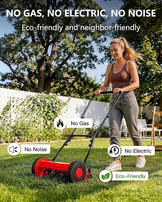 16-Inch Hand Push Reel Lawn Mower, 5-Blade Manual Push Lawnmower, 0.4-4" Adjustable Cutting Height, Lightweight for Small/Medium Yards, Easy Assembly, Compact & Quiet, Red