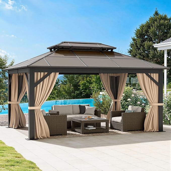 DWVO 10x12ft Hardtop Gazebo Double Roof Polycarbonate Canopy Outdoor with Netting and Shaded Curtains, Aluminum Frame Garden Tent for Patio, Backyard, Deck and Lawns, Brown