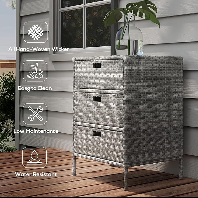 Outsunny Outdoor Towel Cabinet, PE Rattan Pool Storage Organizer, Freestanding Outdoor Towel Rack for Pool with 3 Drawers and Weather Safe Material, Gray